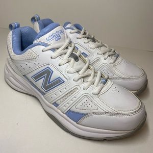 New Balance Women's WX409WL2 White/Blue Leather Cross Trainer Shoes Size 9.5
